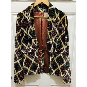 Chaser Womens Velvet Geometric Diamond Print Open Front Blazer Jacket Cream M